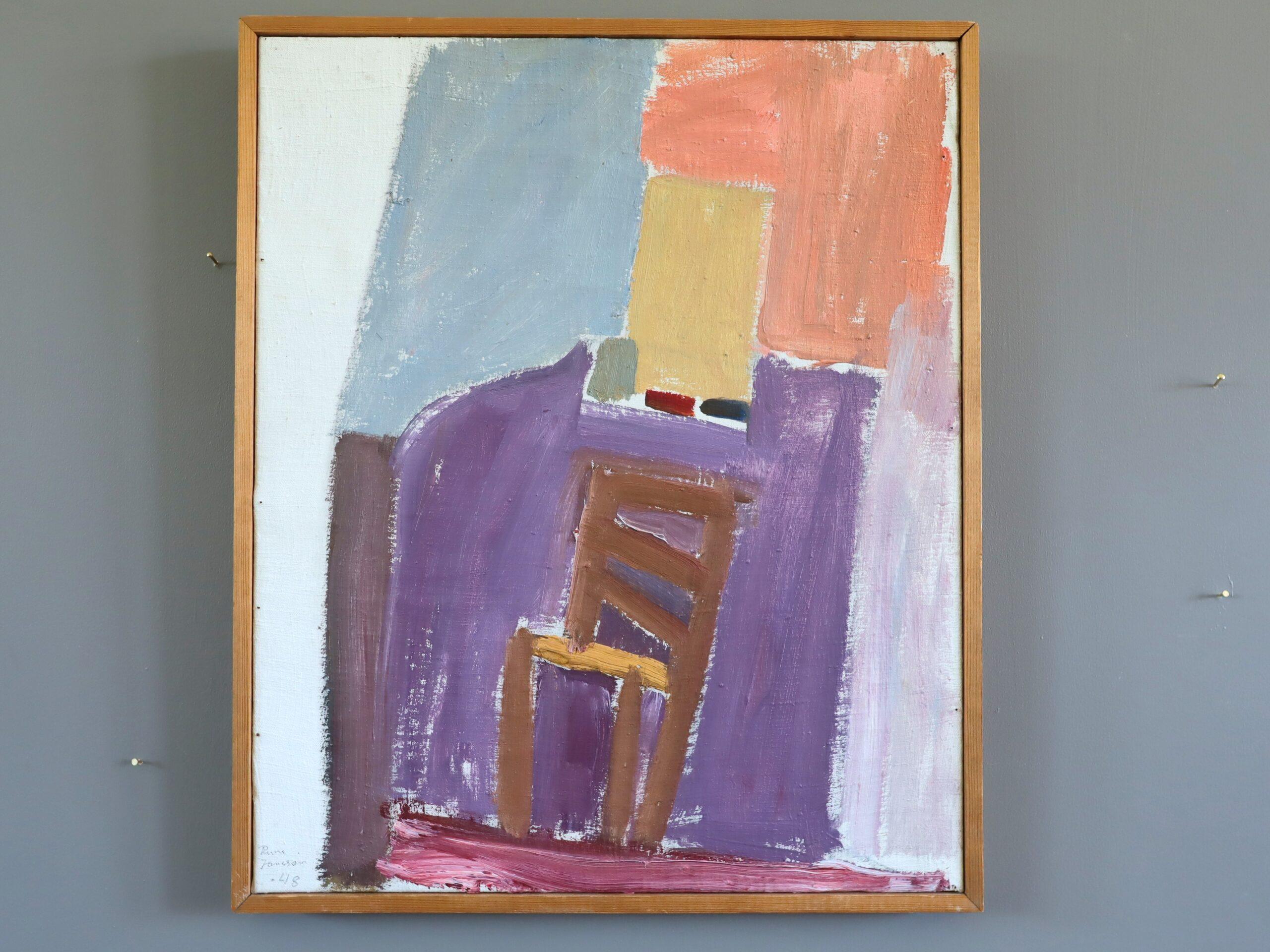 1948 Peinture à l'huile de scène d'intérieur suédoise de style The Modernity - Chaise près du mur - Painting de Rune Janson
