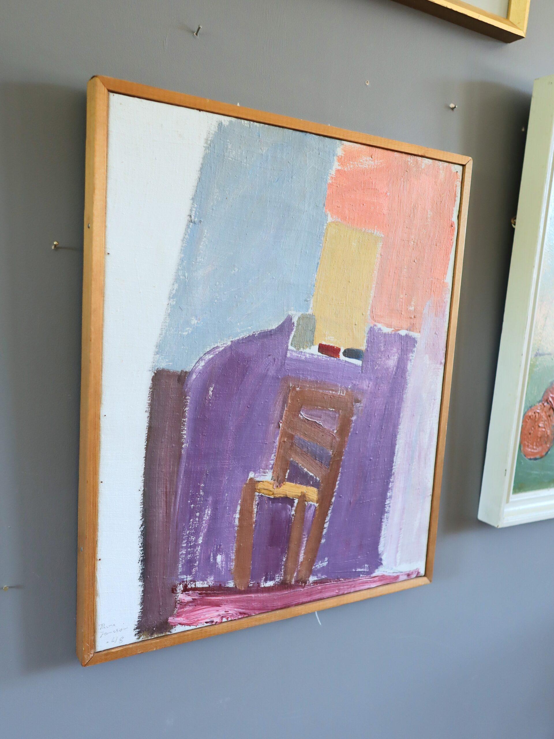 1948 Peinture à l'huile de scène d'intérieur suédoise de style The Modernity - Chaise près du mur - Gris Interior Painting par Rune Janson