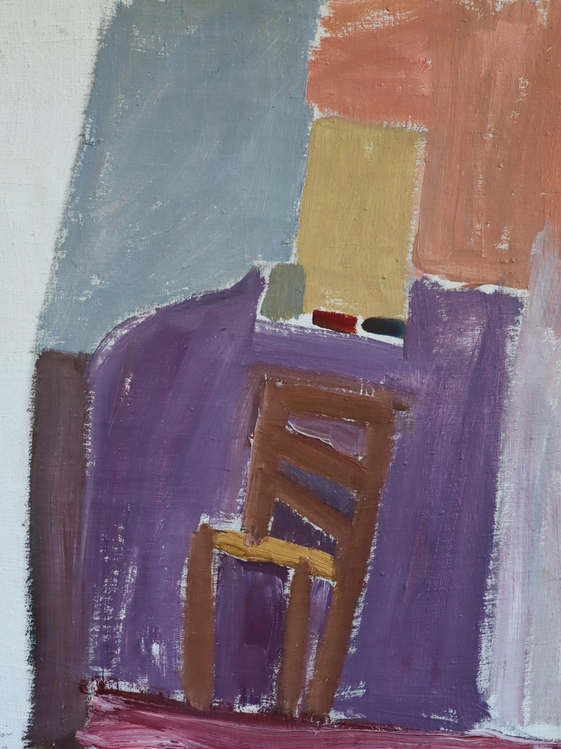 1948 Peinture à l'huile de scène d'intérieur suédoise de style The Modernity - Chaise près du mur en vente 3