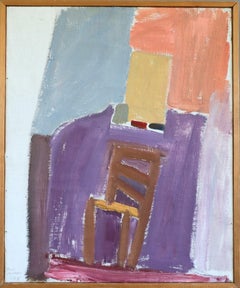 1948 Pintura al óleo de escena interior sueca moderna de mediados de siglo - Silla junto a la pared