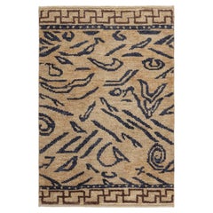 "Rune" Modern Abstract Tiger Motif Tan With Navy Blue Rug by Doris Leslie Blau