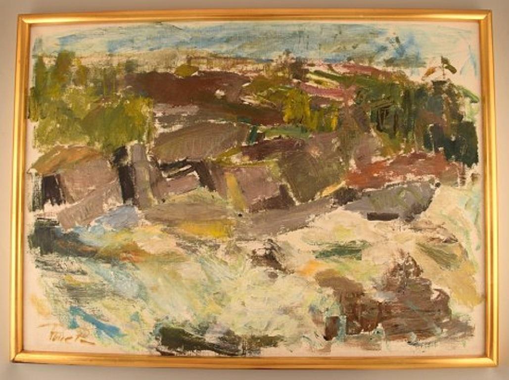 Rune P. Swedish artist. Oil on canvas. Modernist landscape, mid-20th century.
The canvas measures: 89 x 64 cm.
The frame measures: 2.5 cm.
Signed.
In very good condition.
20th century. Scandinavian Mid-Century Modern.