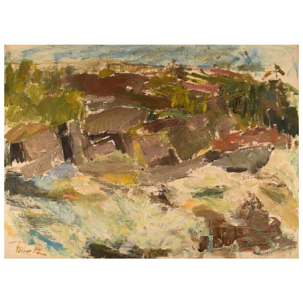 Rune P. Swedish Artist, Oil on Canvas, Modernist Landscape, Mid-20th Century