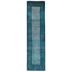 Runner, Cornflower Blue Contemporary Tribal Border Gabbeh Persian Wool Rug