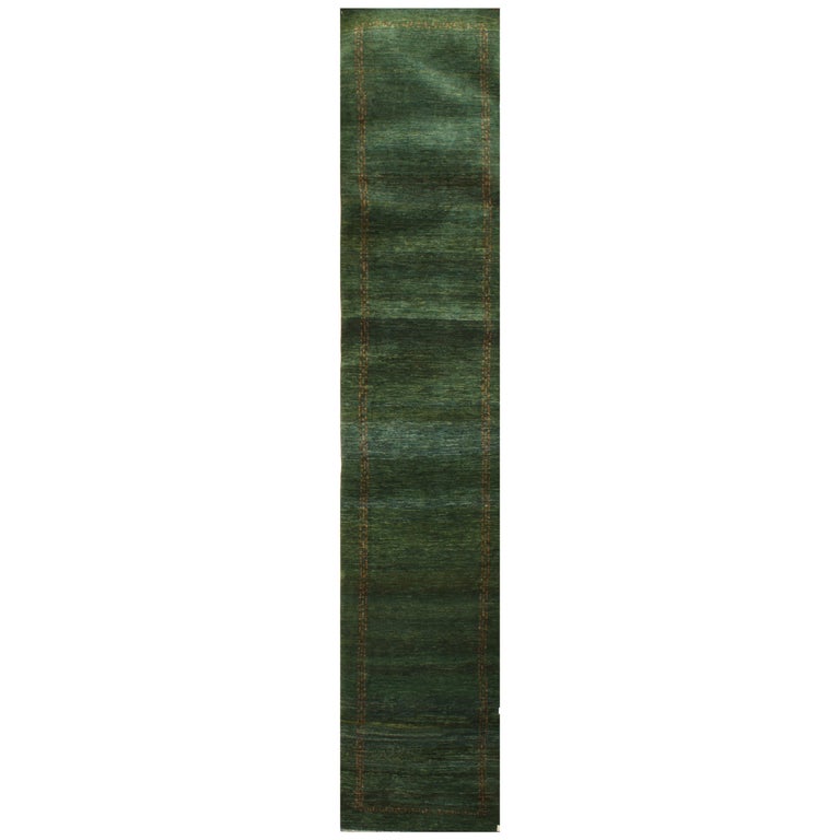Runner, Emerald Green Contemporary Tribal Design Gabbeh Persian Wool Rug For Sale at 1stDibs