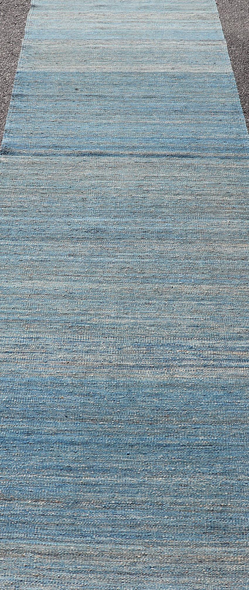 Contemporary Runner Flat-Weave in Modern design in Shades of Blue, Green and Taupe For Sale
