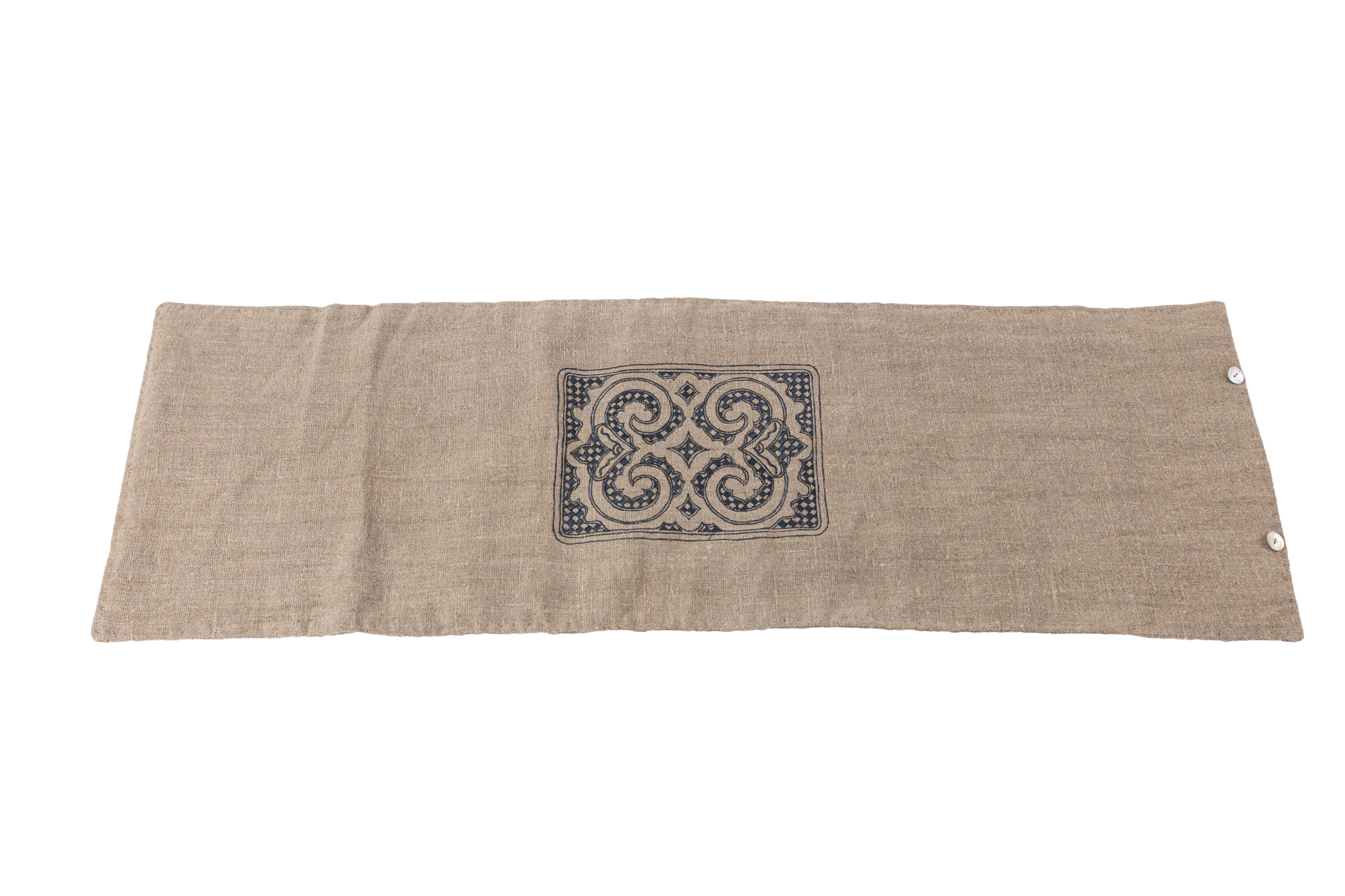 Hand-Crafted Hand embroidered linen table runner from the SoShiro Ainu collection For Sale