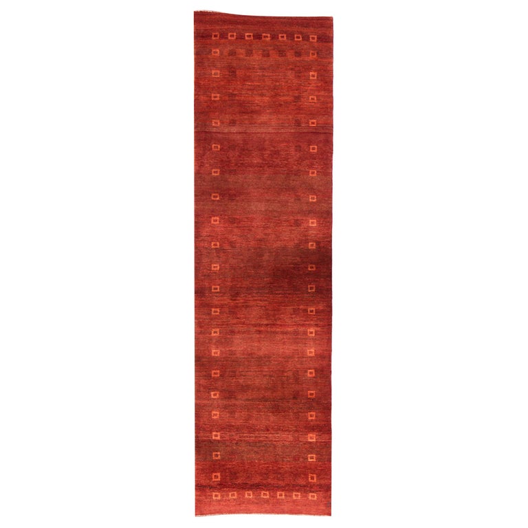Runner Red Contemporary Tribal Pattern Gabbeh Persian Wool Rug For Sale
