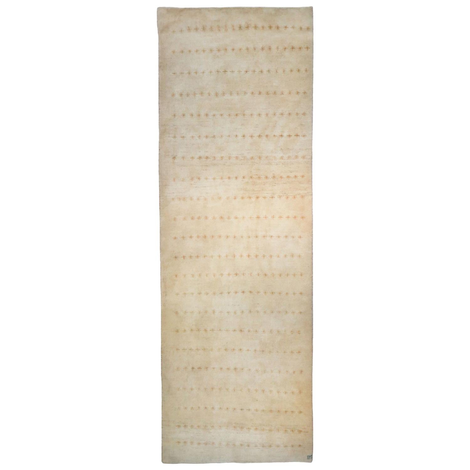 Runner, Ivory and Pale Gold Contemporary Gabbeh Persian Wool Rug For Sale