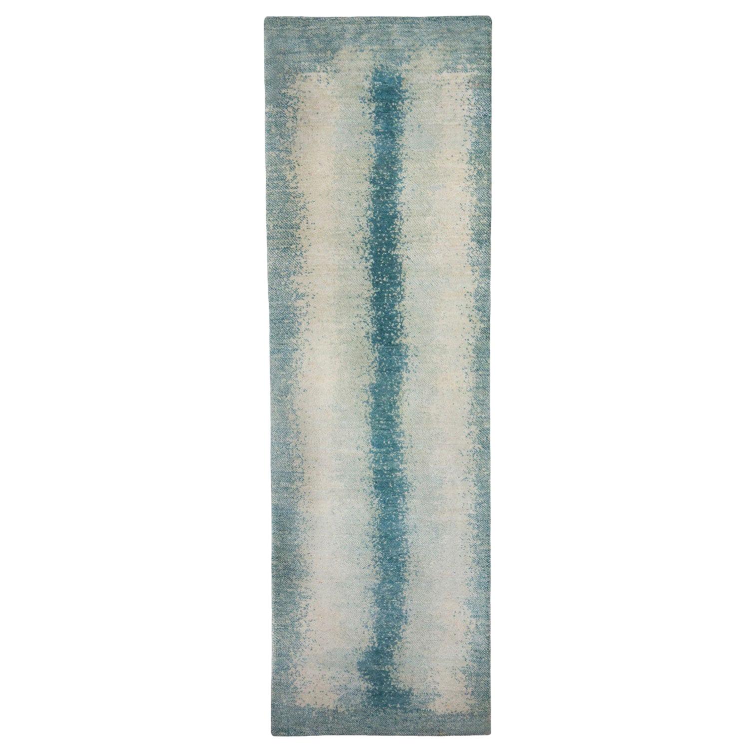 Runner, Neutral and Soft Blue Contemporary Gabbeh Style Persian Wool Rug For Sale