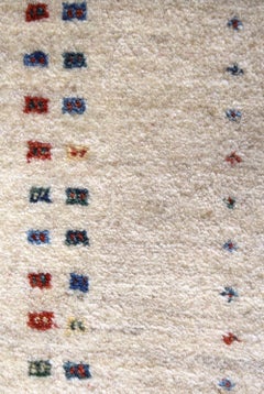 Runner, Neutral Contemporary Tribal Design Border Gabbeh Persian Wool Rug