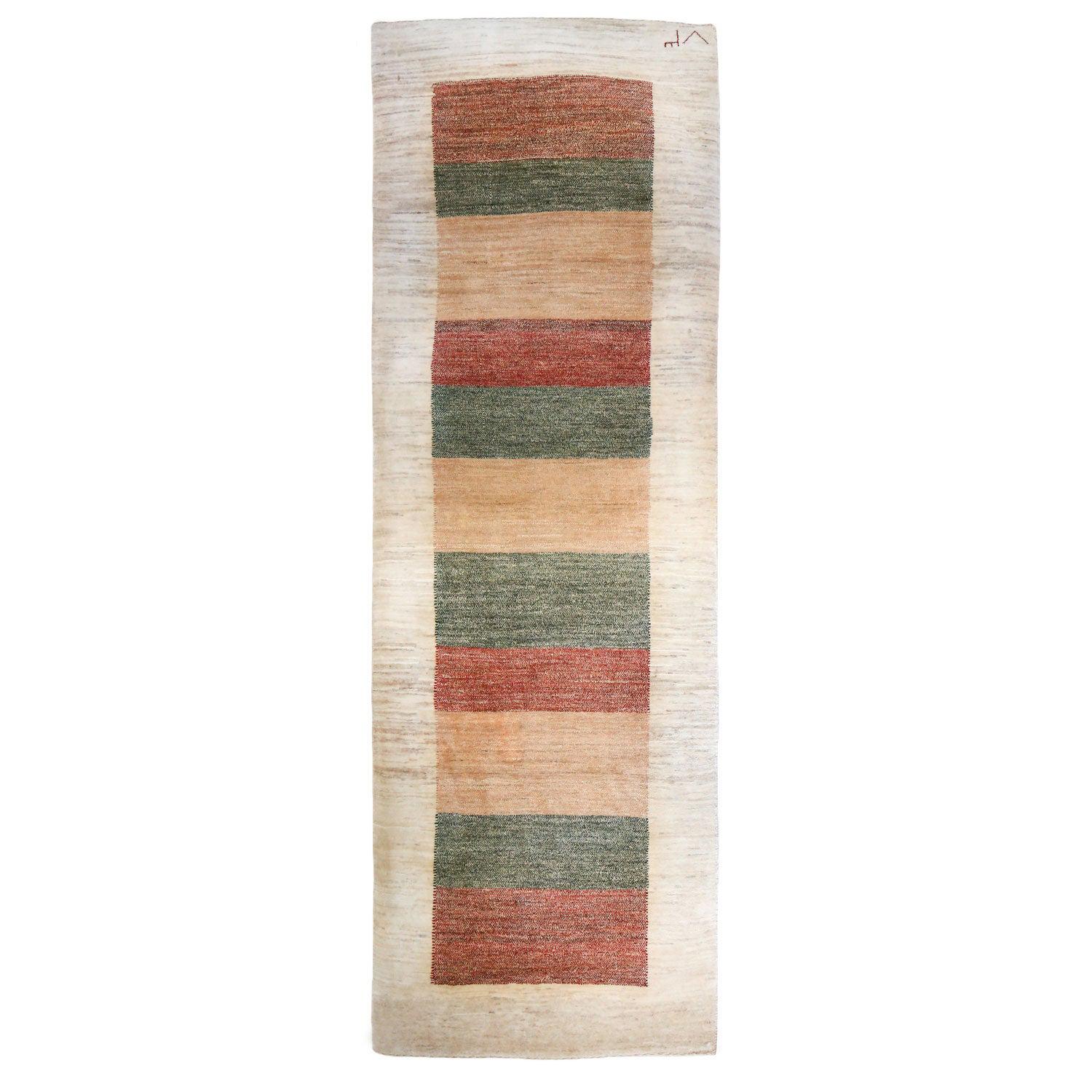 Runner, Neutral, Rust and Green Contemporary Gabbeh Persian Wool Rug For Sale