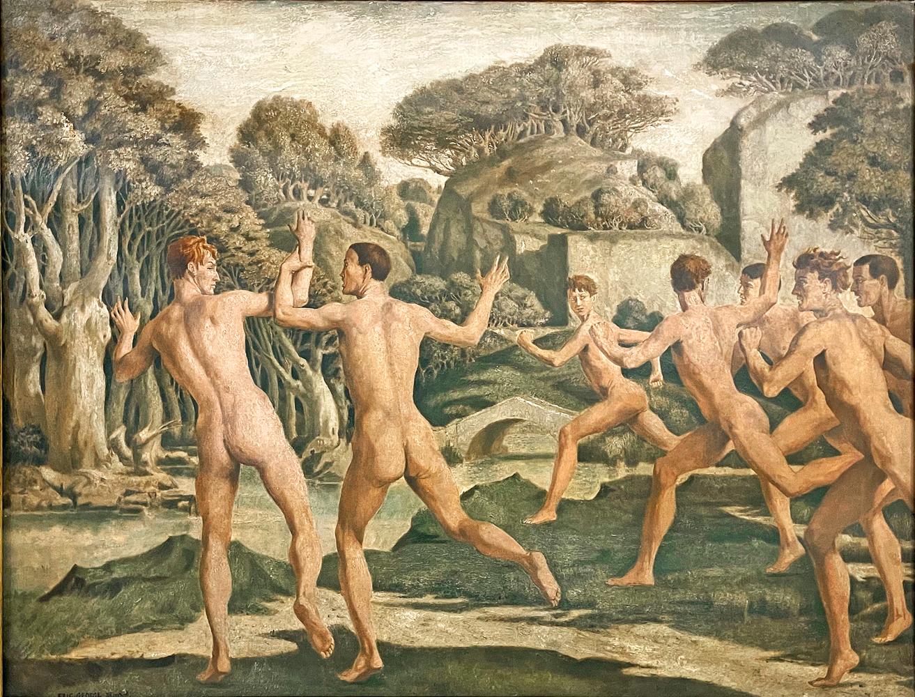 Large and striking, this painting by Eric George depicts a group of seven nude male figures racing toward a glistening stream, the quiet green trees and lawns embracing the figures as they exclaim and shout to each other. This seems to be a scene