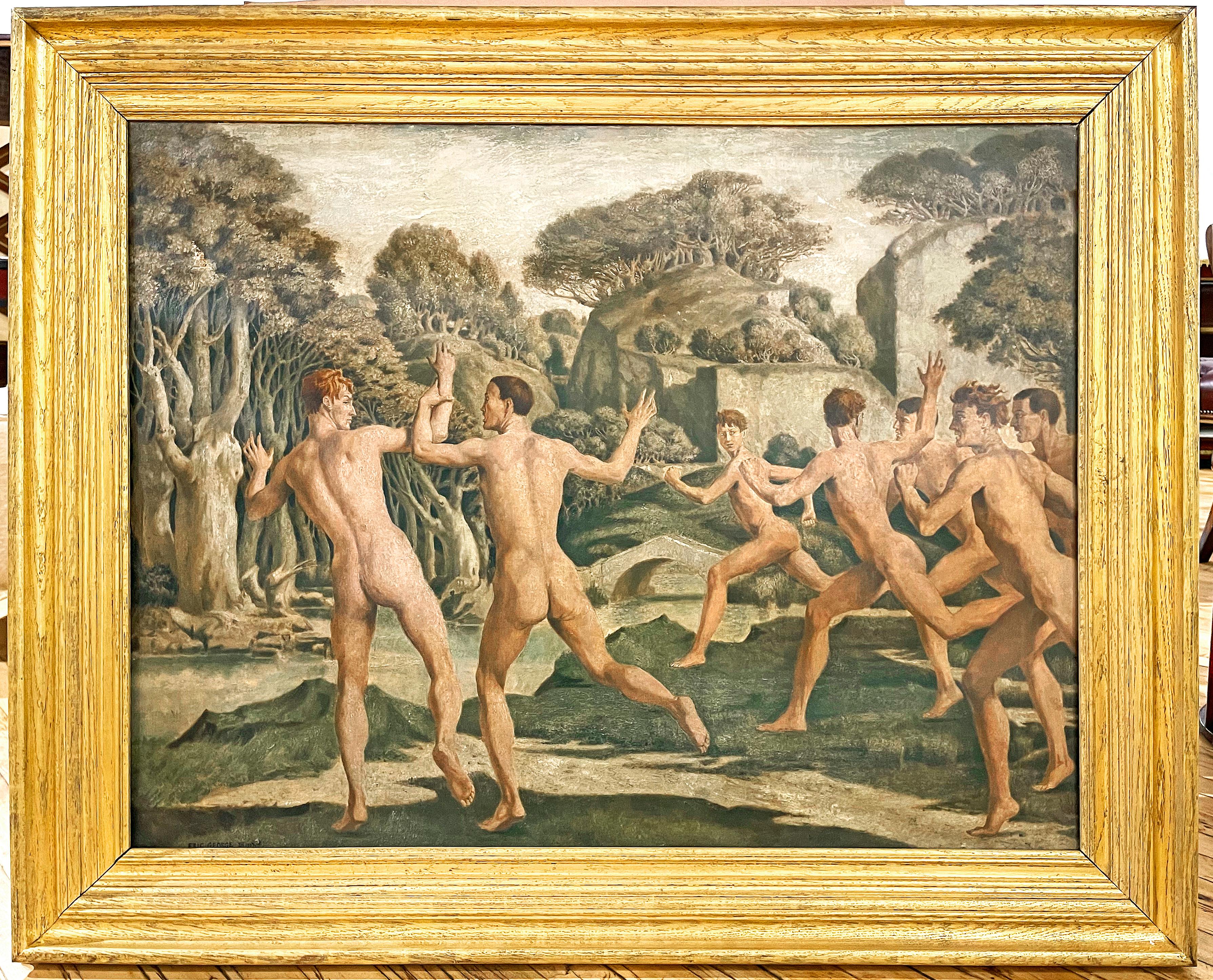 "Running Bathers," Large Art Deco Painting w/ Nude Males, 17th Venice Biennale