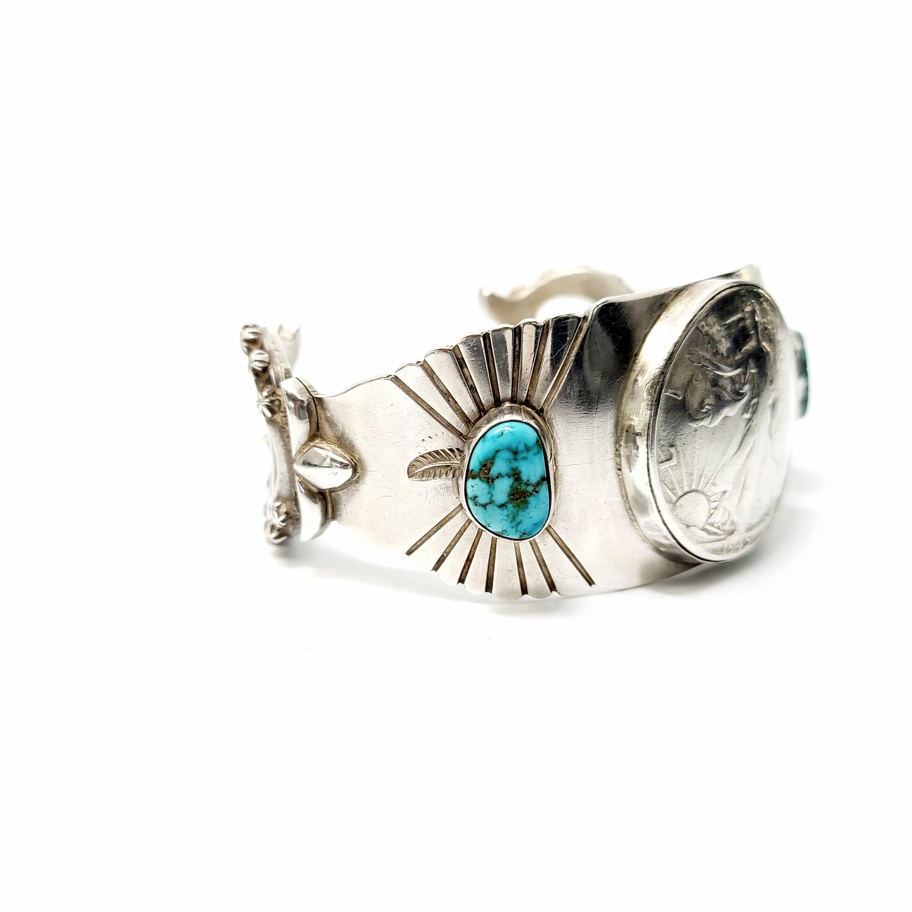 Cabochon Running Bear Shop Sterling Silver Turquoise and Walking Liberty Half Dollar Cuff