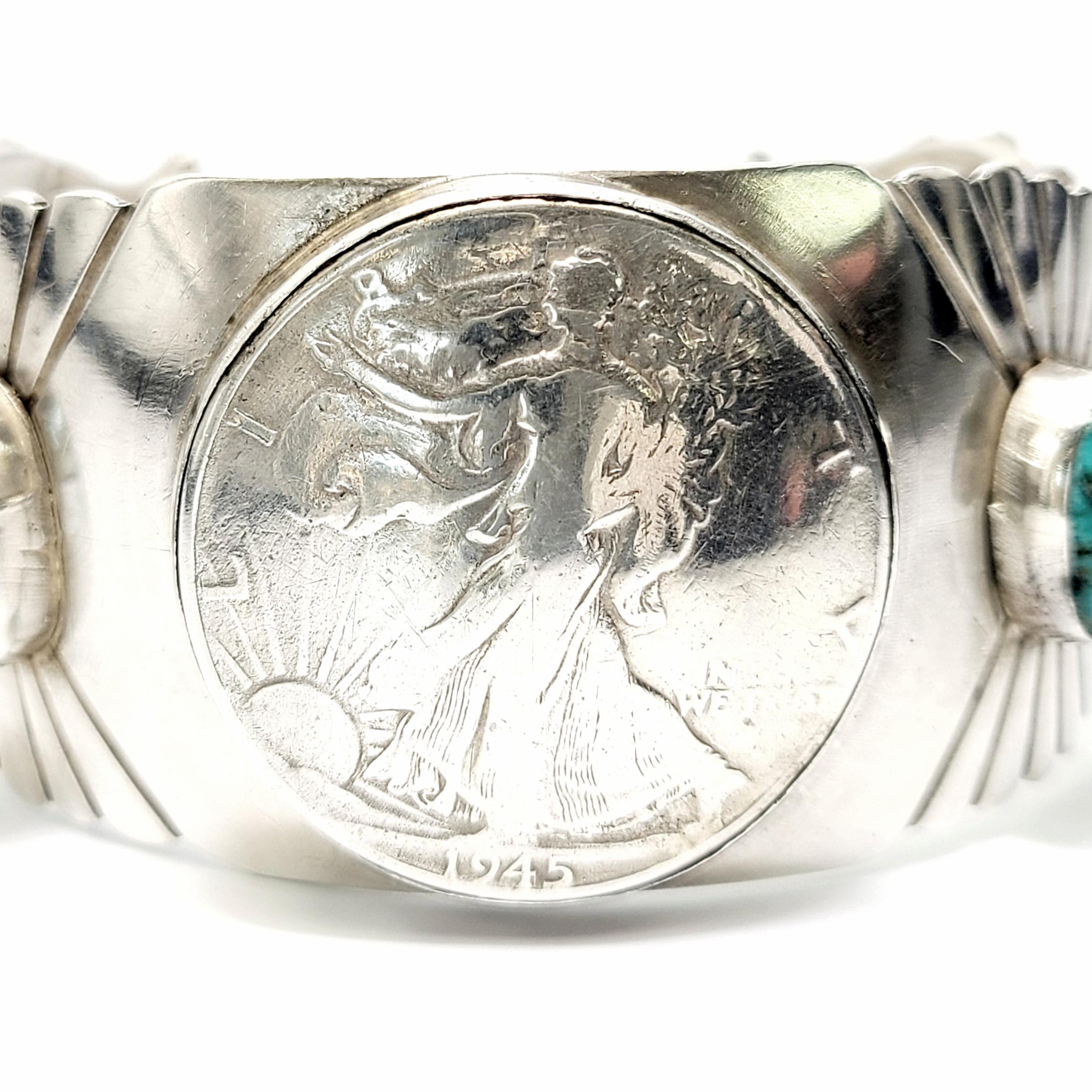 Women's Running Bear Shop Sterling Silver Turquoise and Walking Liberty Half Dollar Cuff