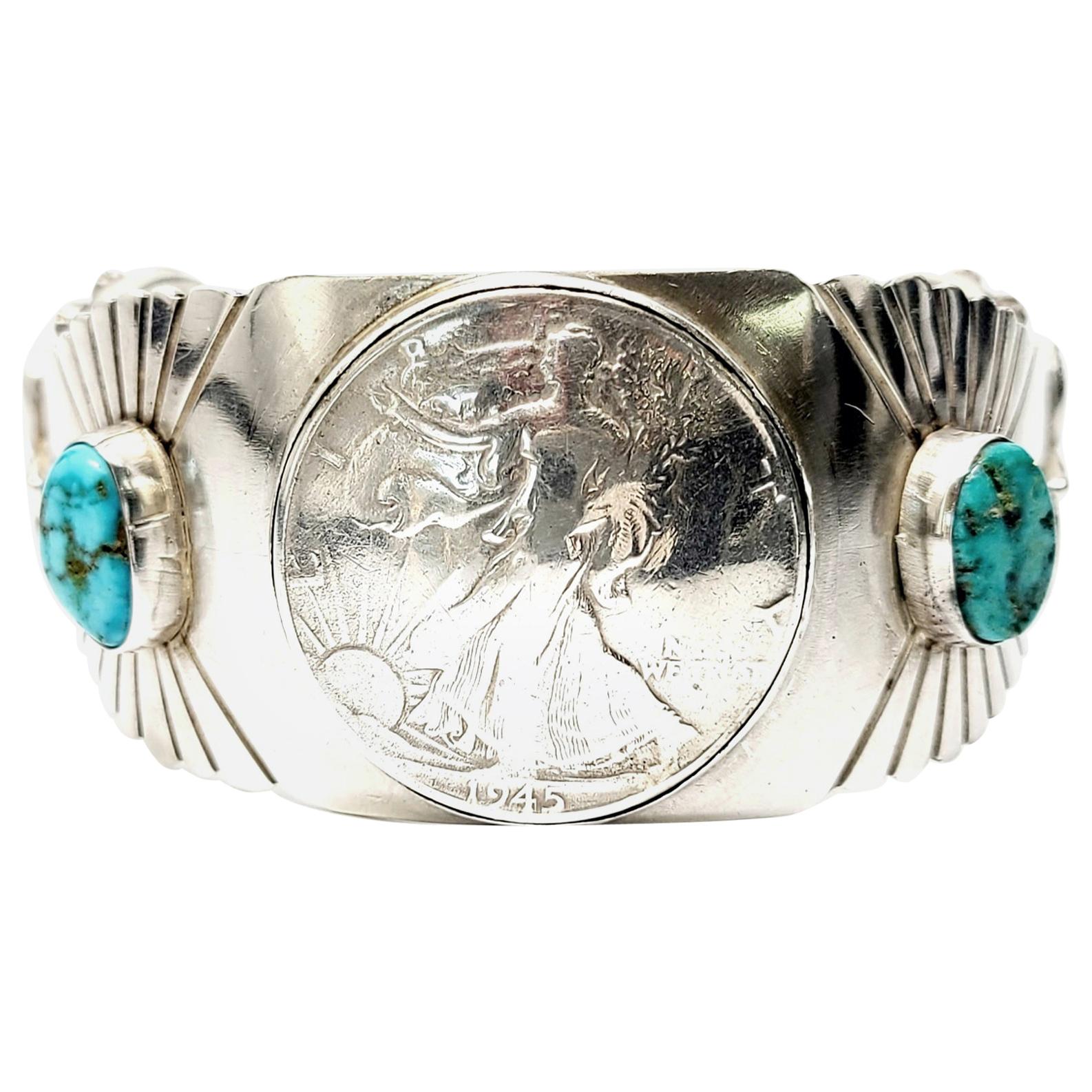 Running Bear Shop Sterling Silver Turquoise and Walking Liberty Half Dollar Cuff