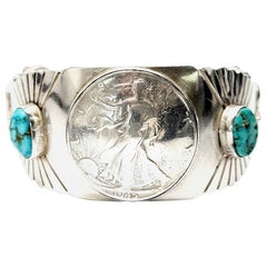 Vintage Running Bear Shop Sterling Silver Turquoise and Walking Liberty Half Dollar Cuff
