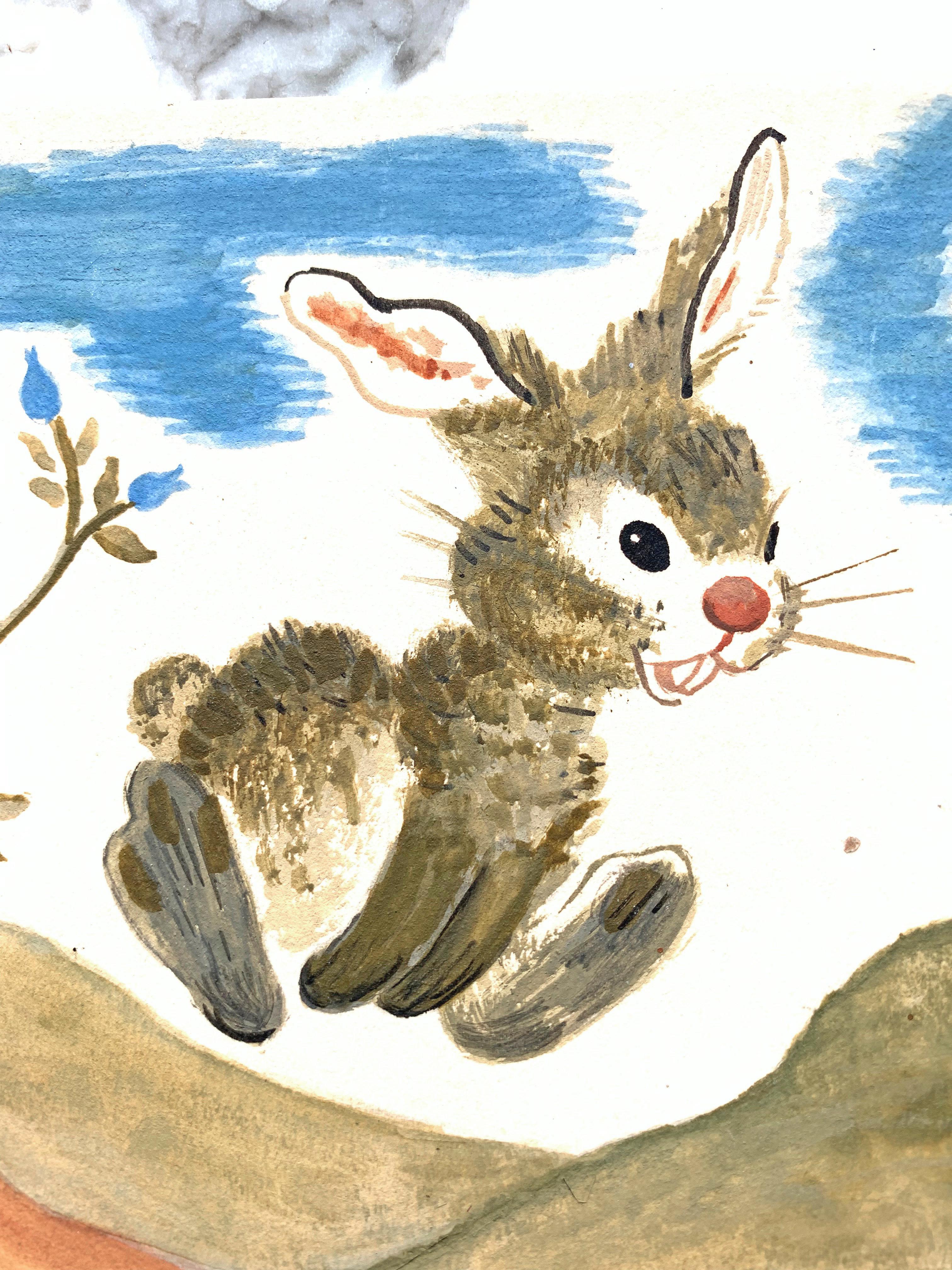 Absolutely winning and full of charm, this book illustration depicts a bunny rabbit running across the land, the hilly landscape rich with browns and greens, and the sky a perfect blue. Painted in gouache on illustration board, the Sphinx mark --