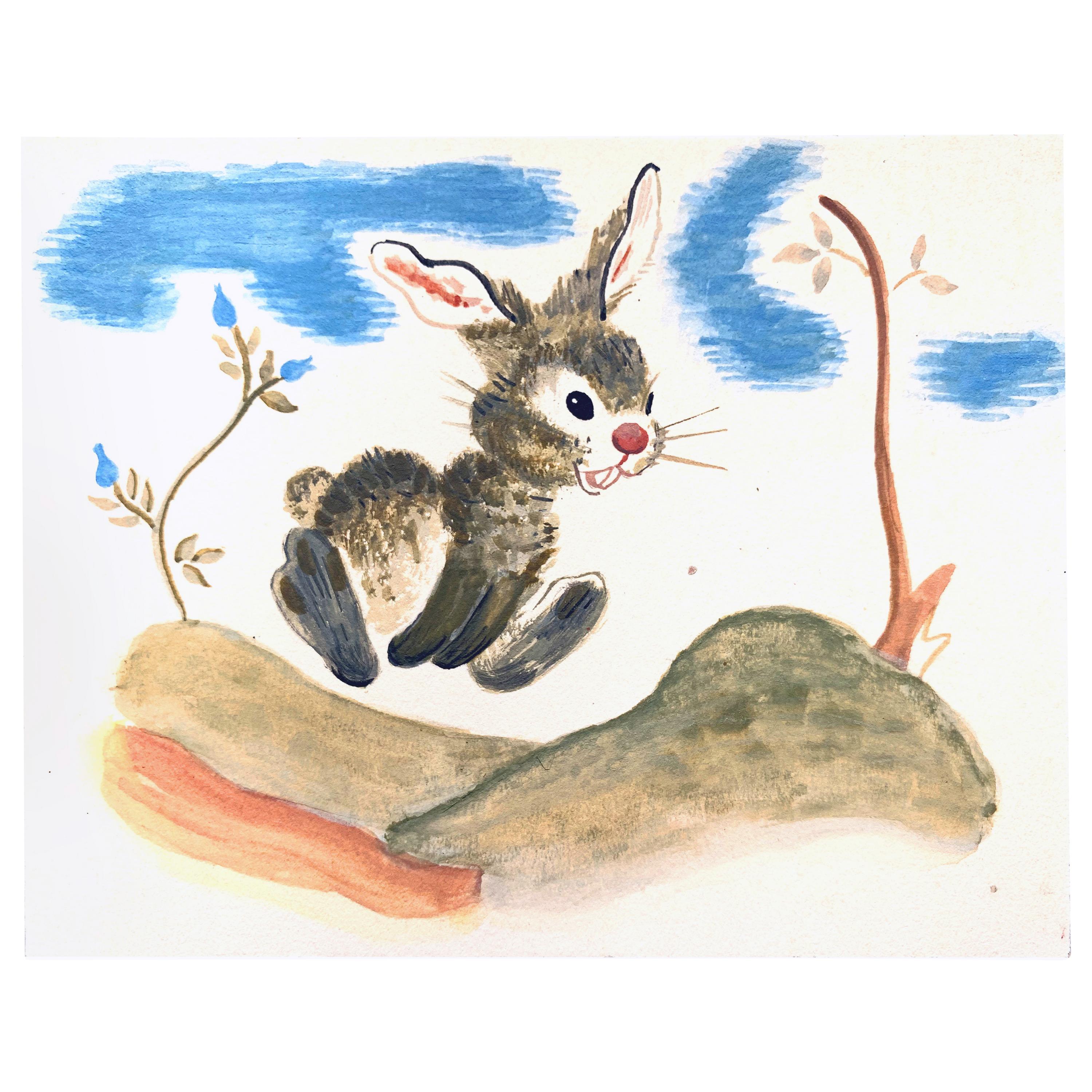 ""En train de courir un lapin", charmante illustration de livre des années 1930-1940