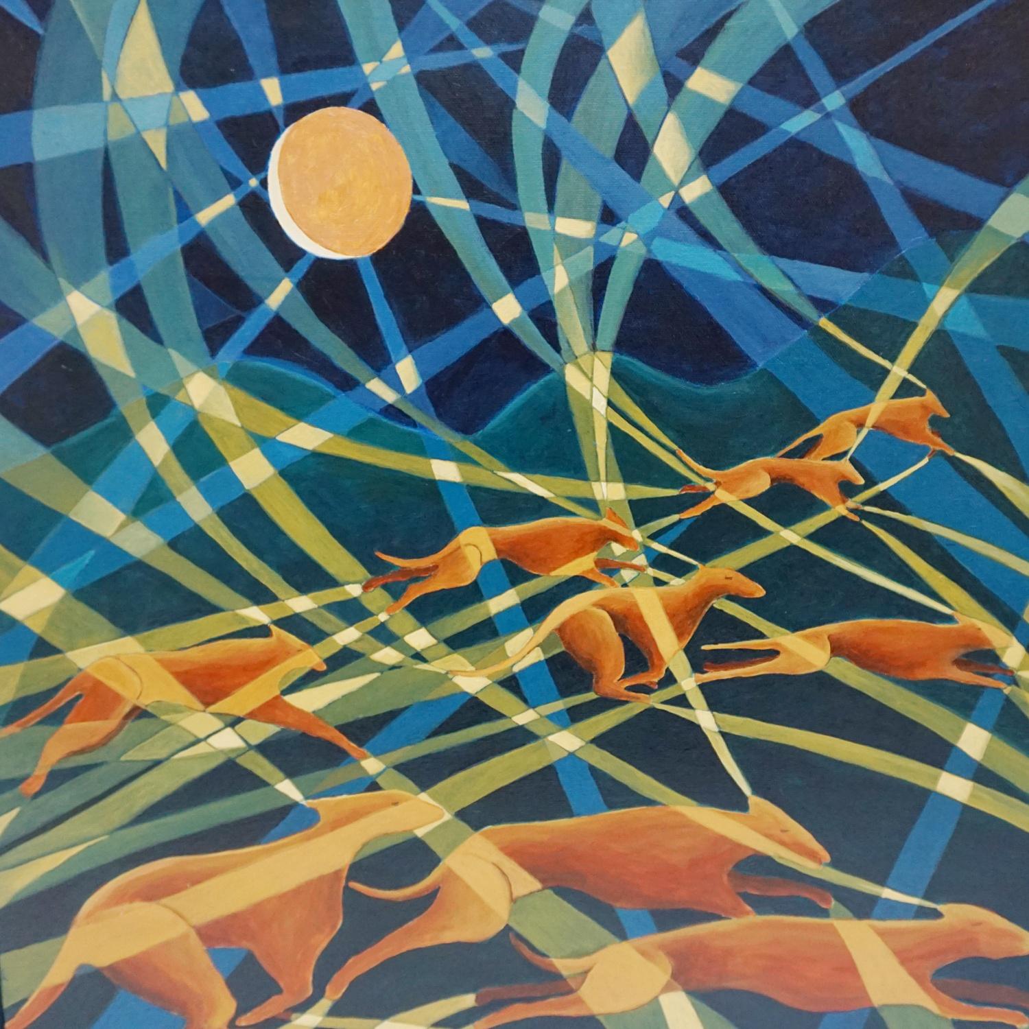 'Running Dogs Under Three Moonlit Hills' a contemporary painting by Vera Jefferson depicting running dogs against a stylised, abstract moonlight background. Signed V Jefferson to lower right. 

Dimensions: H 64 cm, W 64 cm, D 5.5 cm.

 Vera