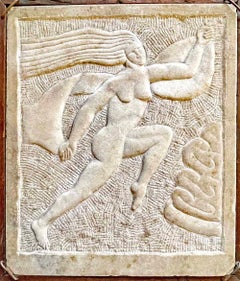 "Running Eve", Fabulous Art Deco-Influenced Folk Art Relief Sculpture, Marble