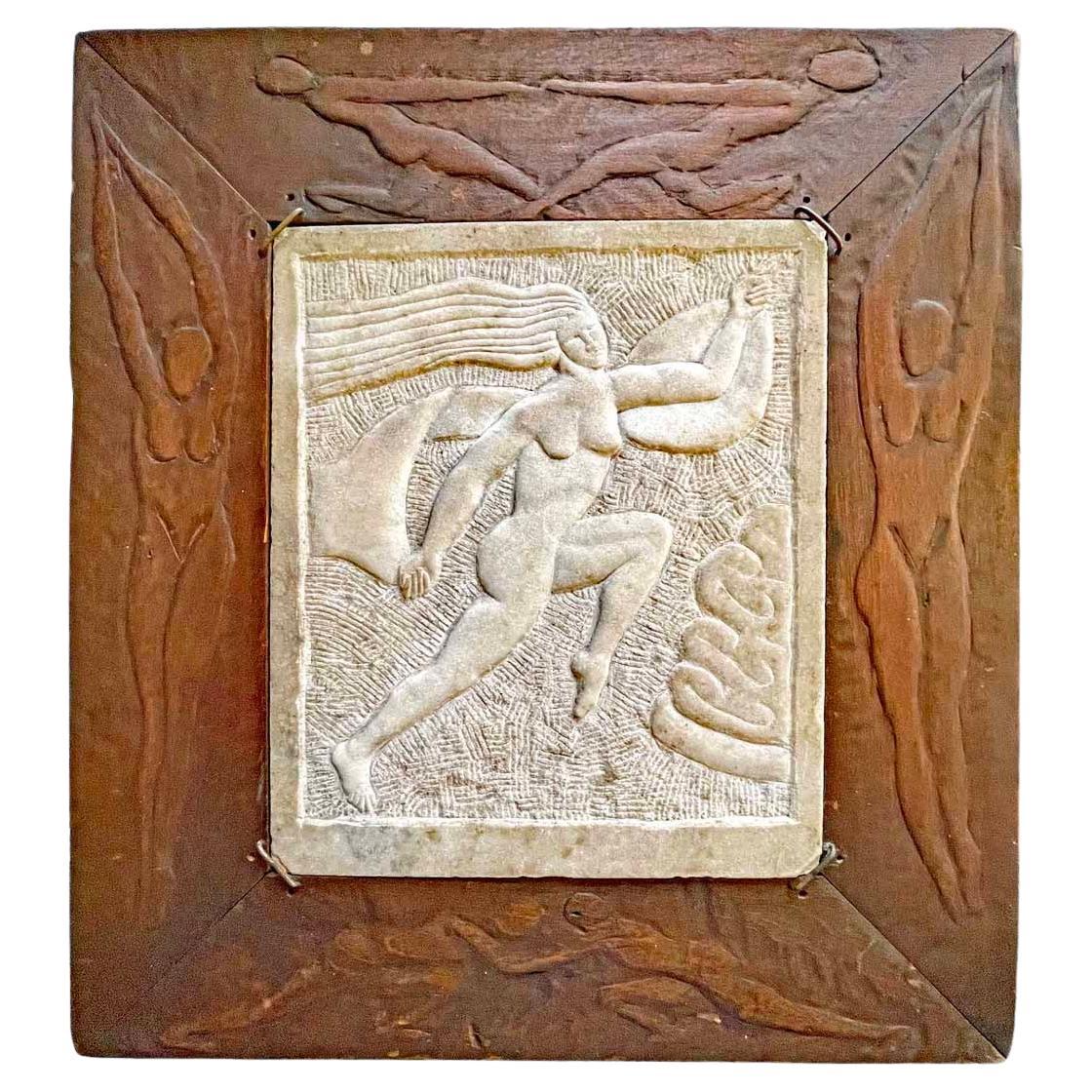 "Running Eve", Fabulous Art Deco-Influenced Folk Art Relief Sculpture, Marble For Sale