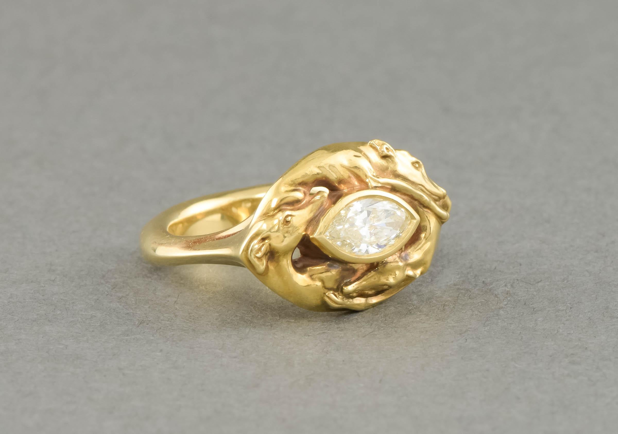 Running Greyhound Diamond Dog Ring in 18K Gold In Excellent Condition In Danvers, MA