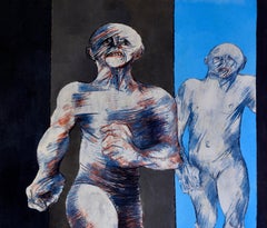Laufende schwarze und blaue Reflexion, Acryl auf Holz, modern, CIRCA 1988