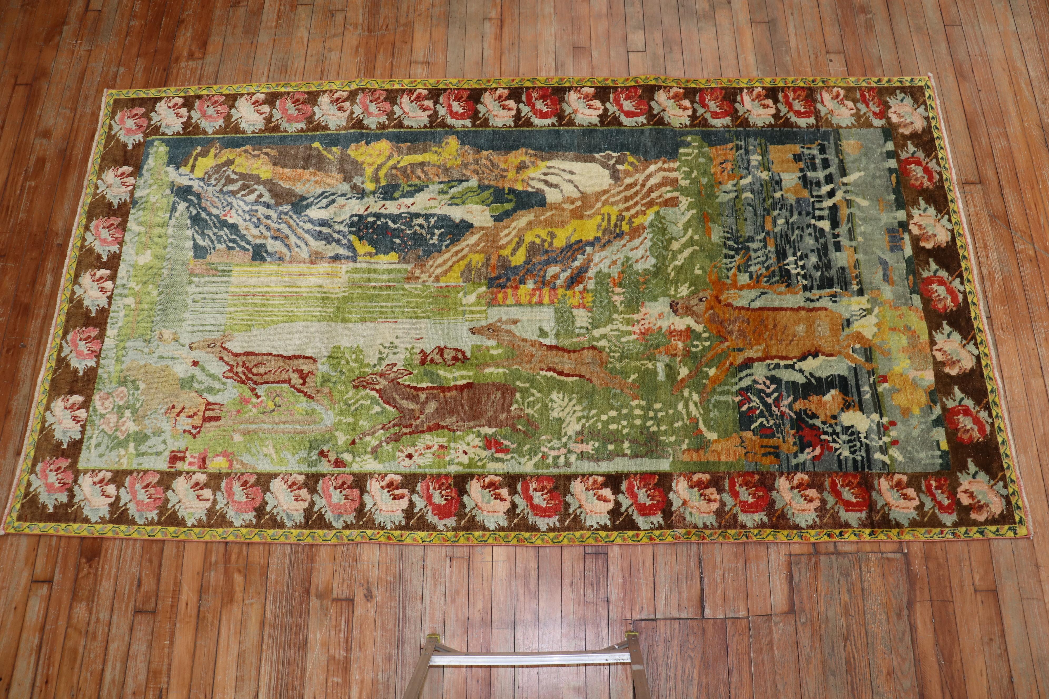 Folk Art Running Deers Pictorial Vintage Karabagh Rug For Sale