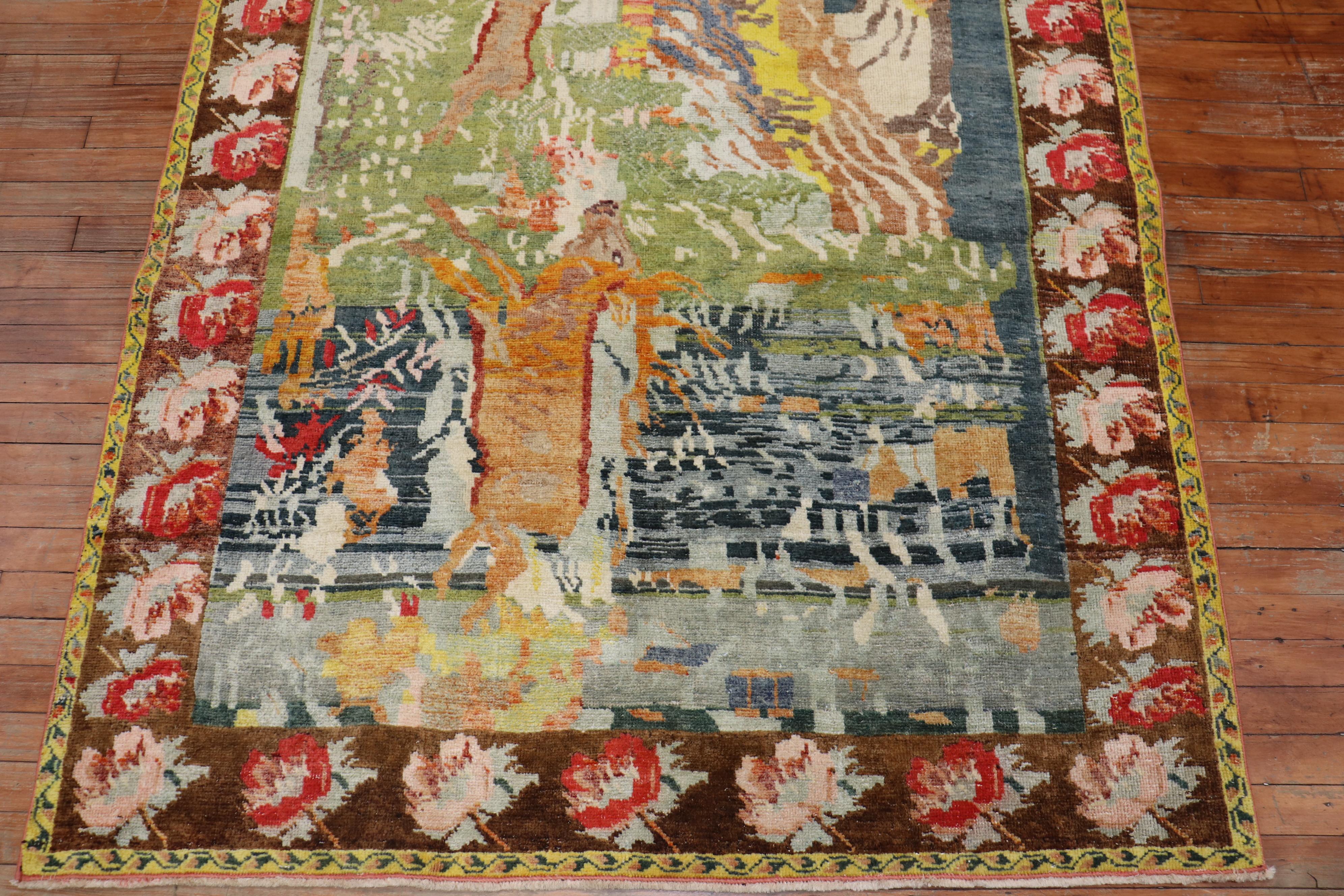 Running Deers Pictorial Vintage Karabagh Rug In Good Condition For Sale In New York, NY