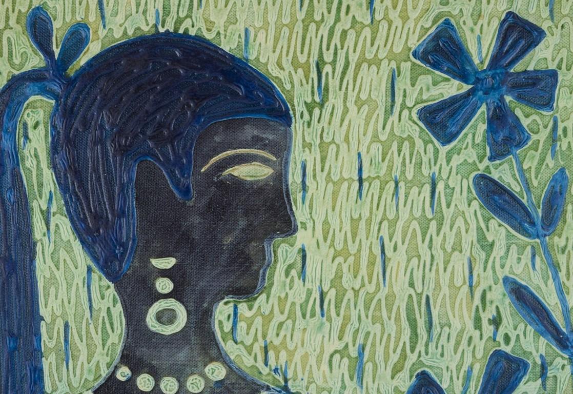Runo Öberg (1931-2019), schwedischer Künstler. Gemischte Medien auf Karton. Frau und Blume (Moderne) im Angebot