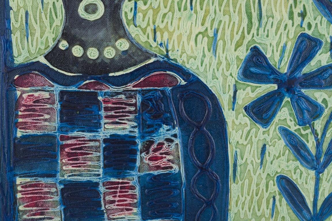 Runo Öberg (1931-2019), schwedischer Künstler. Gemischte Medien auf Karton. Frau und Blume (Schwedisch) im Angebot