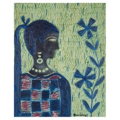 Runo Öberg (1931–2019), Swedish artist. Mixed media on board. Woman and flower