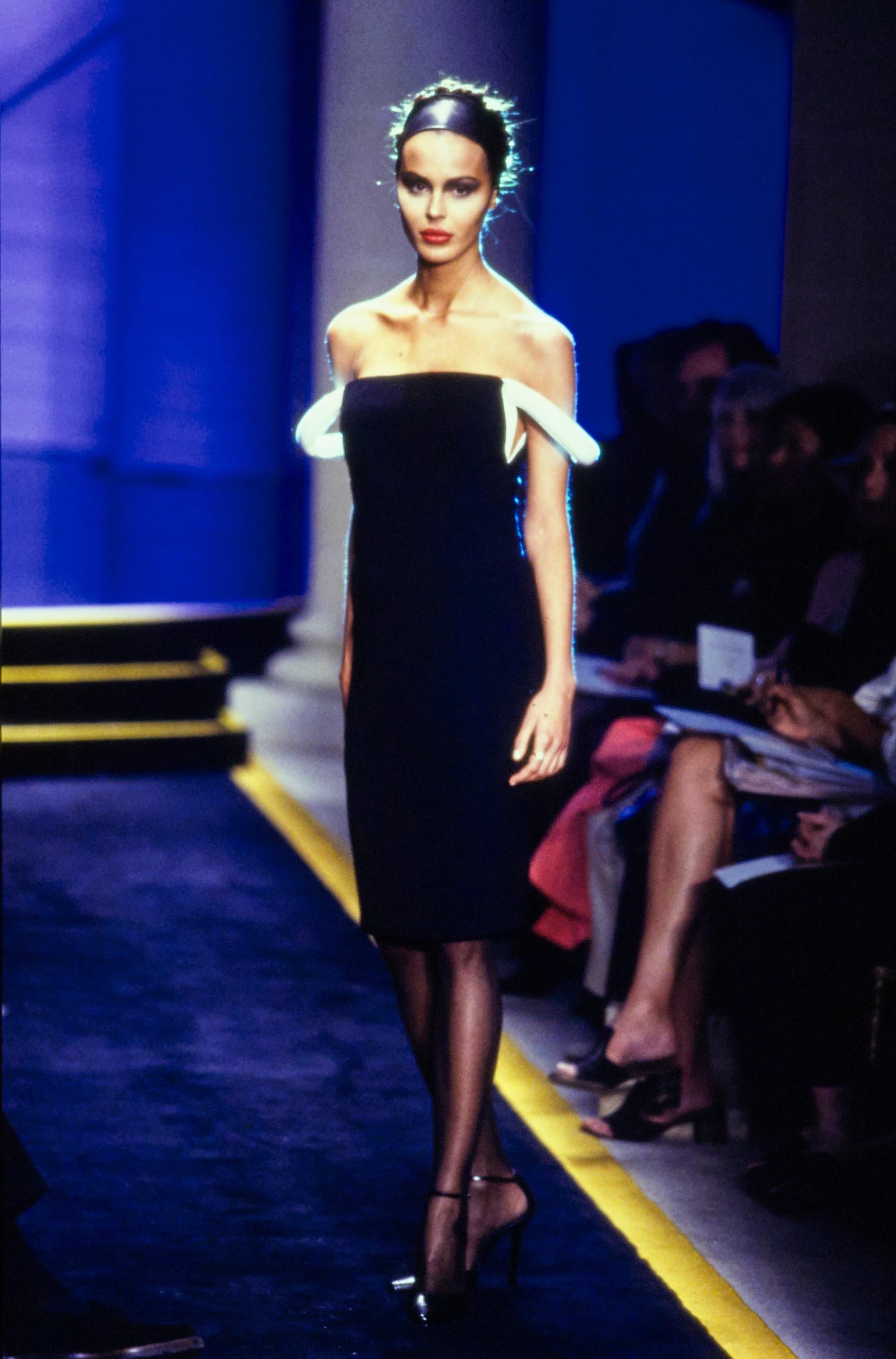 Runway 1997 Gianni Versace Couture Black Jersey Midi Dress Padded White Straps 2