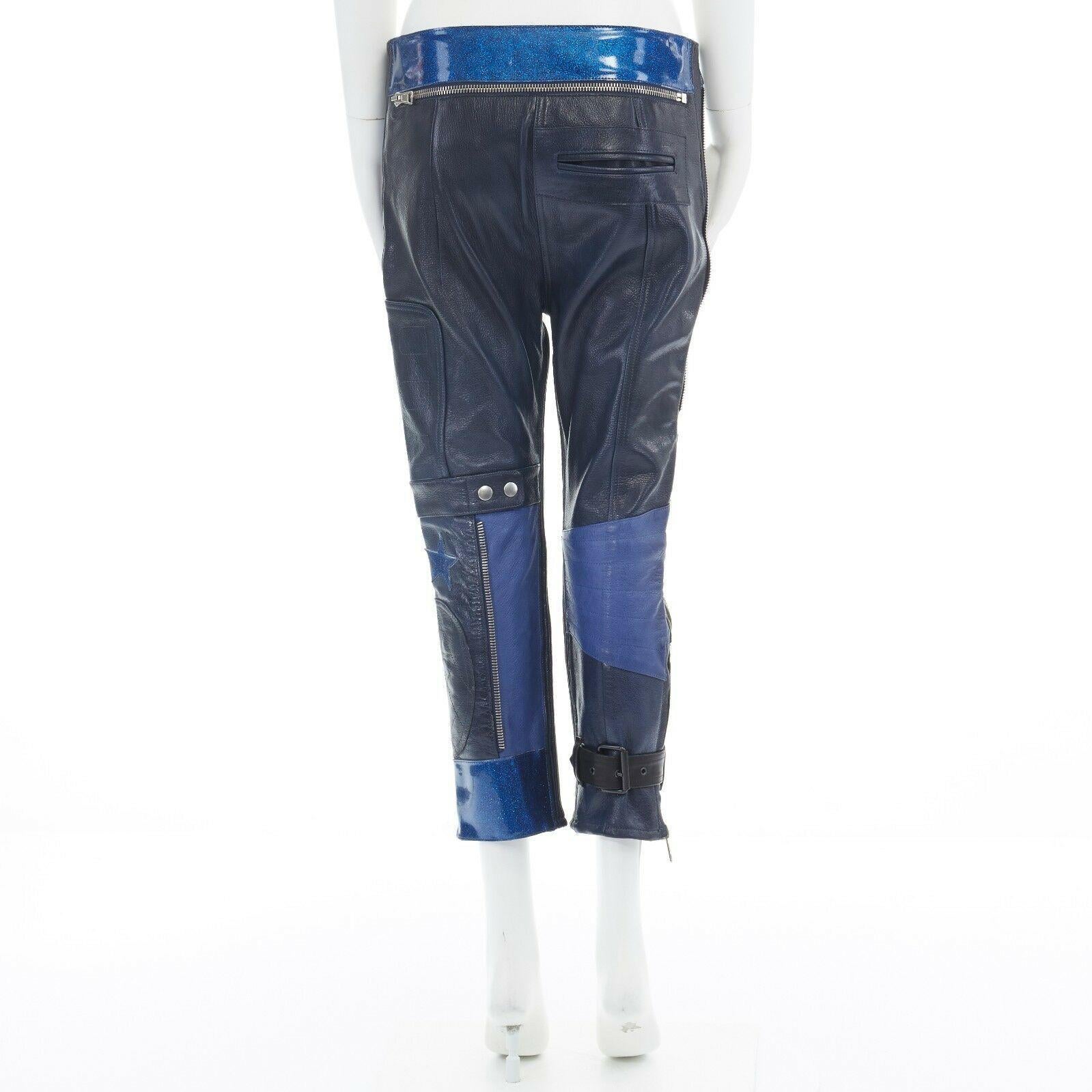 Black runway ACNE STUDIOS 2012 blue leather ribbed star cropped biker pants FR36 S