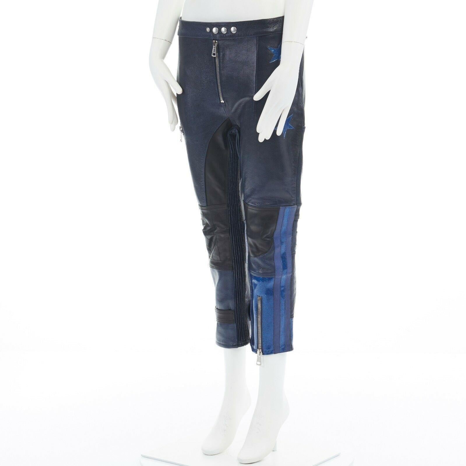 Women's runway ACNE STUDIOS 2012 blue leather ribbed star cropped biker pants FR36 S