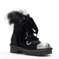 runway ALEXANDER MCQUEEN black pony metal toe fur victorian combat boot EU36