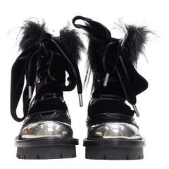 runway ALEXANDER MCQUEEN black pony metal toe fur victorian combat boot EU36