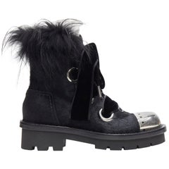 runway ALEXANDER MCQUEEN black pony metal toe fur victorian combat boot EU36