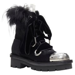 Used runway ALEXANDER MCQUEEN black pony metal toe fur victorian combat boot EU36