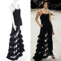 runway ALEXANDER MCQUEEN SS99 black asymmetric ruffle train top maxi gown IT40 S