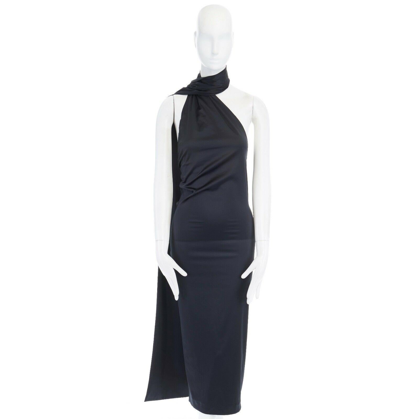 Black runway ALEXANDER MCQUEEN Vintage AW01 black wrap neck scarf stretch dress IT40 S