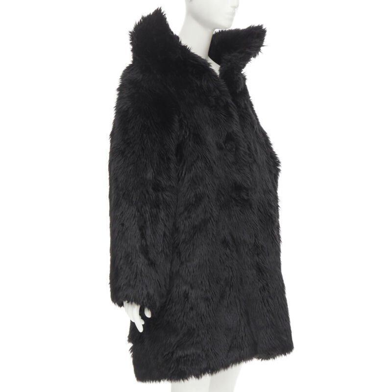 Black runway BALENCIAGA Demna Runway black faux fur Swing off shoulder coat FR34 XS For Sale