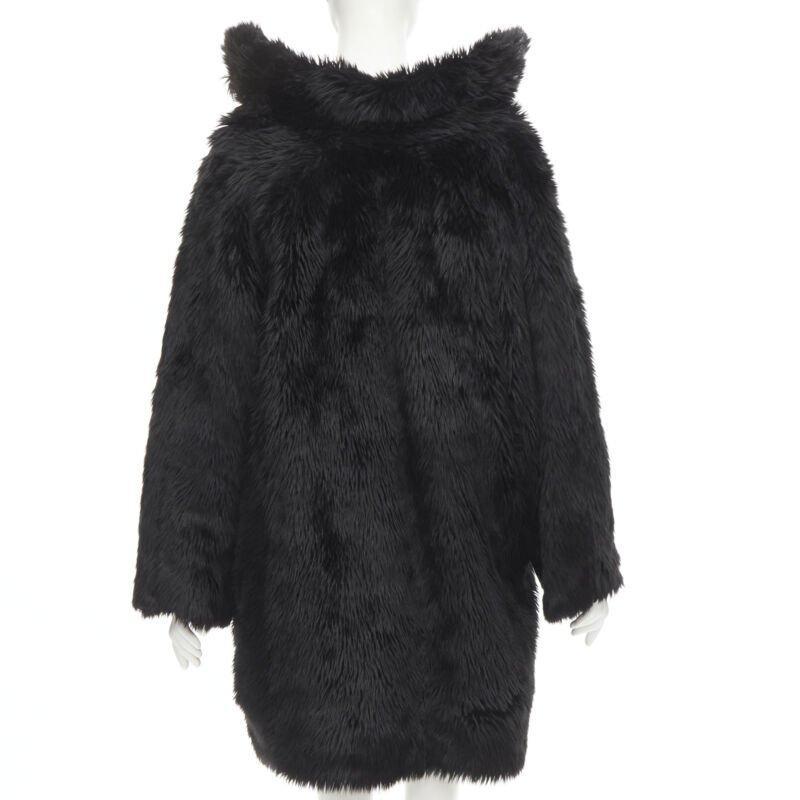 Women's runway BALENCIAGA Demna Runway black faux fur Swing off shoulder coat FR34 XS For Sale