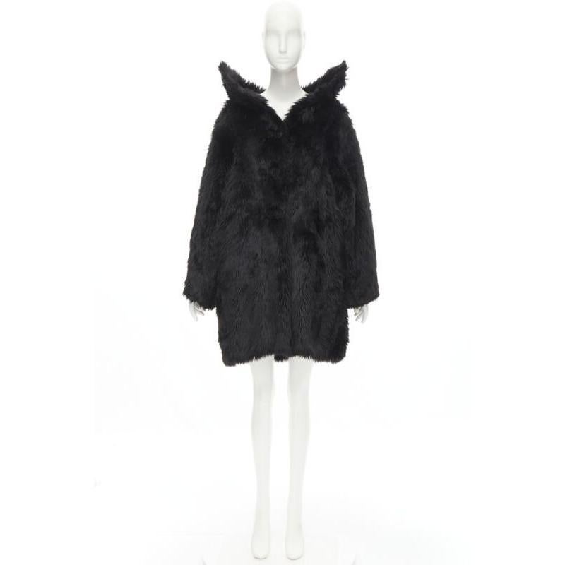 runway BALENCIAGA Demna Runway black faux fur Swing off shoulder coat FR34 XS For Sale 4
