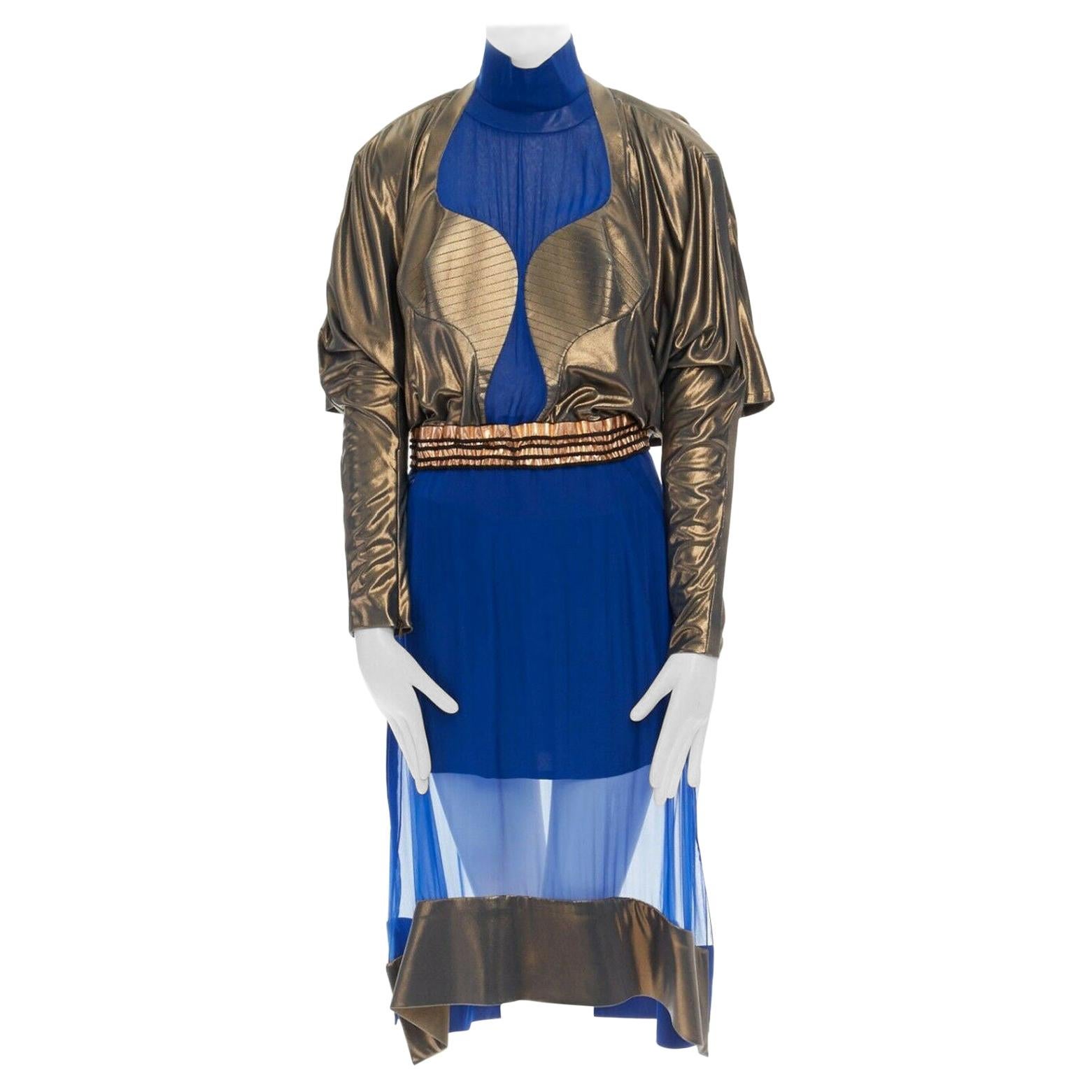 runway BALENCIAGA GHESQUIERE AW12 blue copper futuristic bust silk dress FR36 S