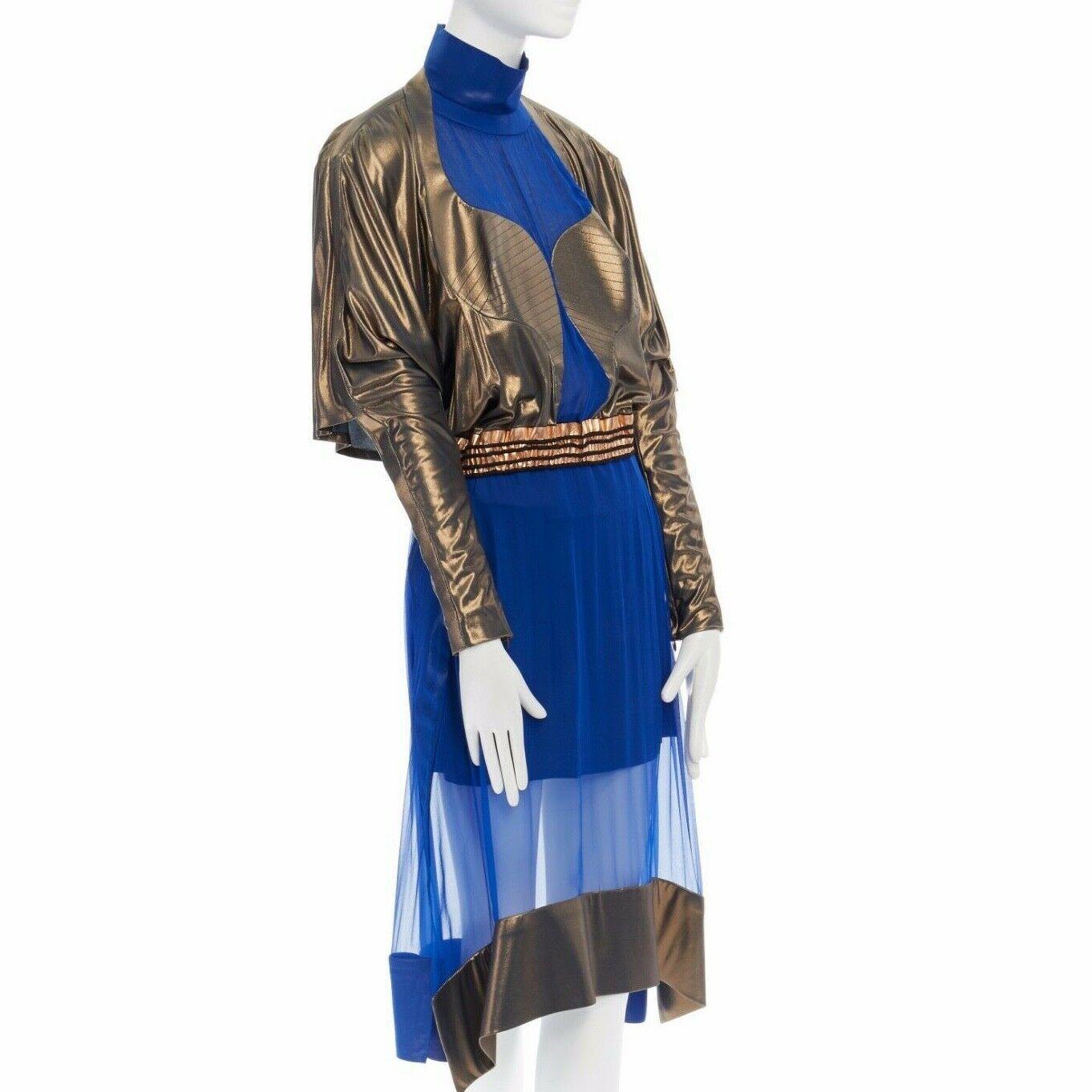 Blue runway BALENCIAGA GHESQUIERE AW12 blue copper futuristic silk dress FR36 US4 UK8