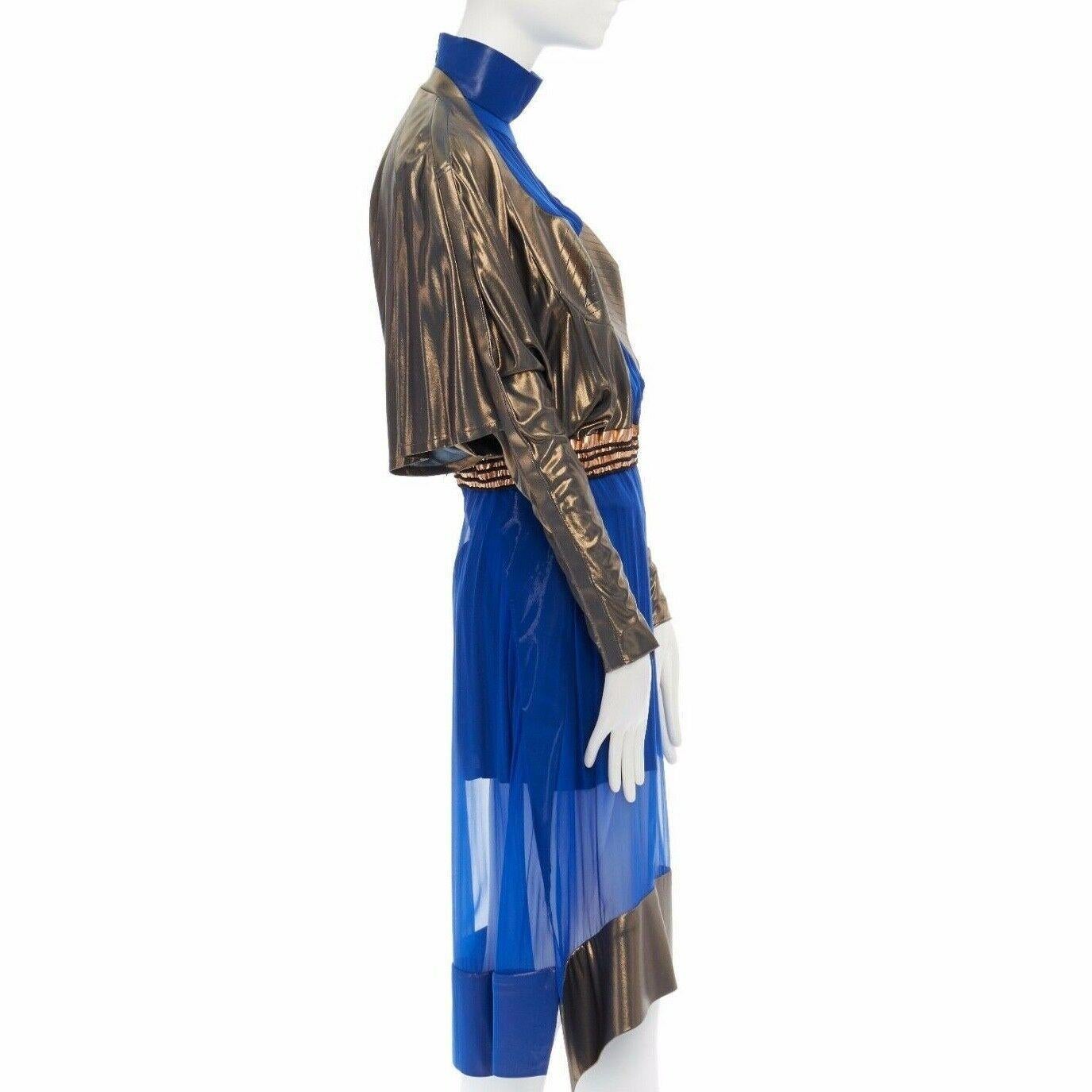 runway BALENCIAGA GHESQUIERE AW12 blue copper futuristic silk dress FR36 US4 UK8 In Good Condition In Hong Kong, NT