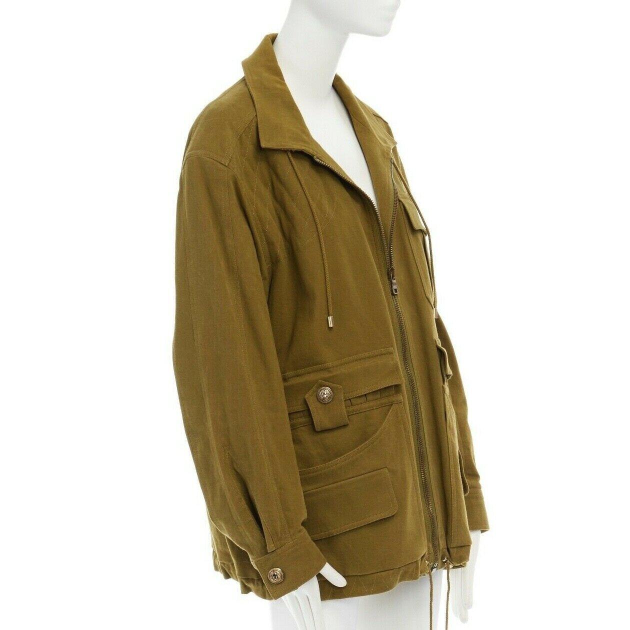 Brown runway BALMAIN 2014 green stretch military cargo pockets oversized jacket FR40 L